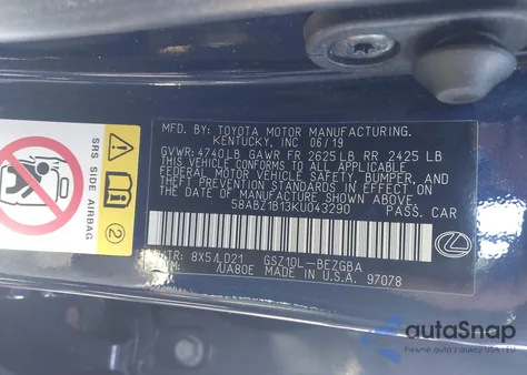 2019 Lexus Es 350 из США, поврежденный, VIN 58ABZ1B13KU043290